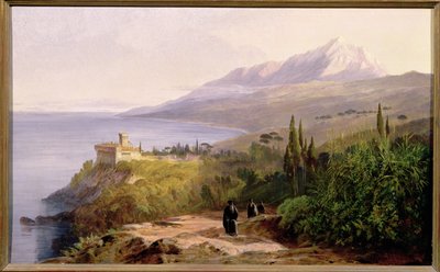 Berg Athos und das Kloster Stavroniketes, 1857 von Edward Lear